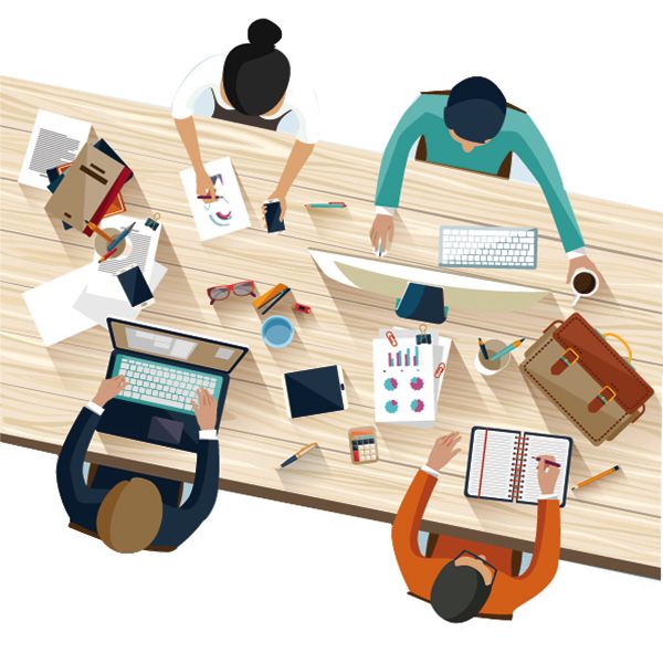 Mesa de reuniones con personas y material de escritorio